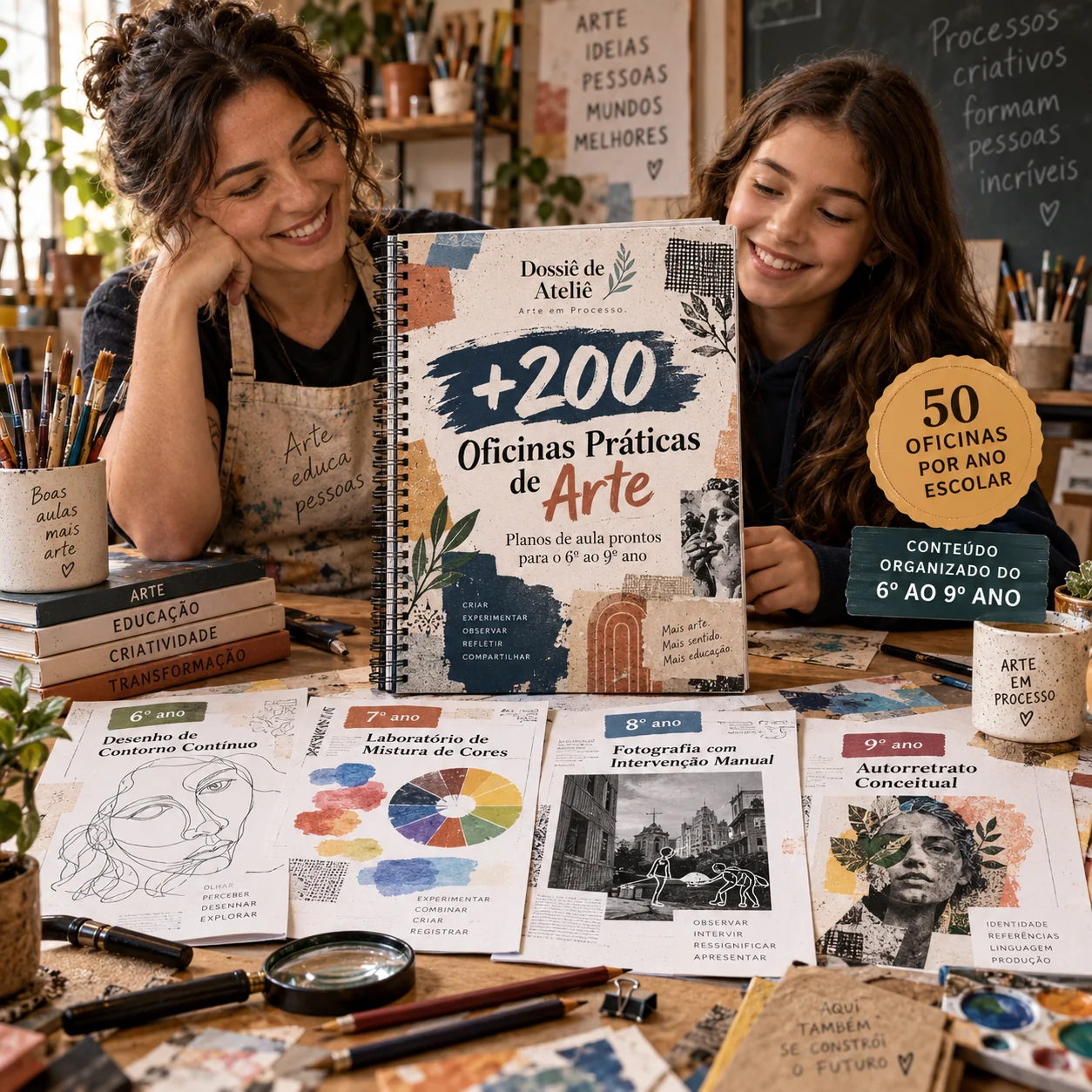 Professora e aluna consultando o Dossiê de Ateliê — +200 Oficinas Práticas de Arte